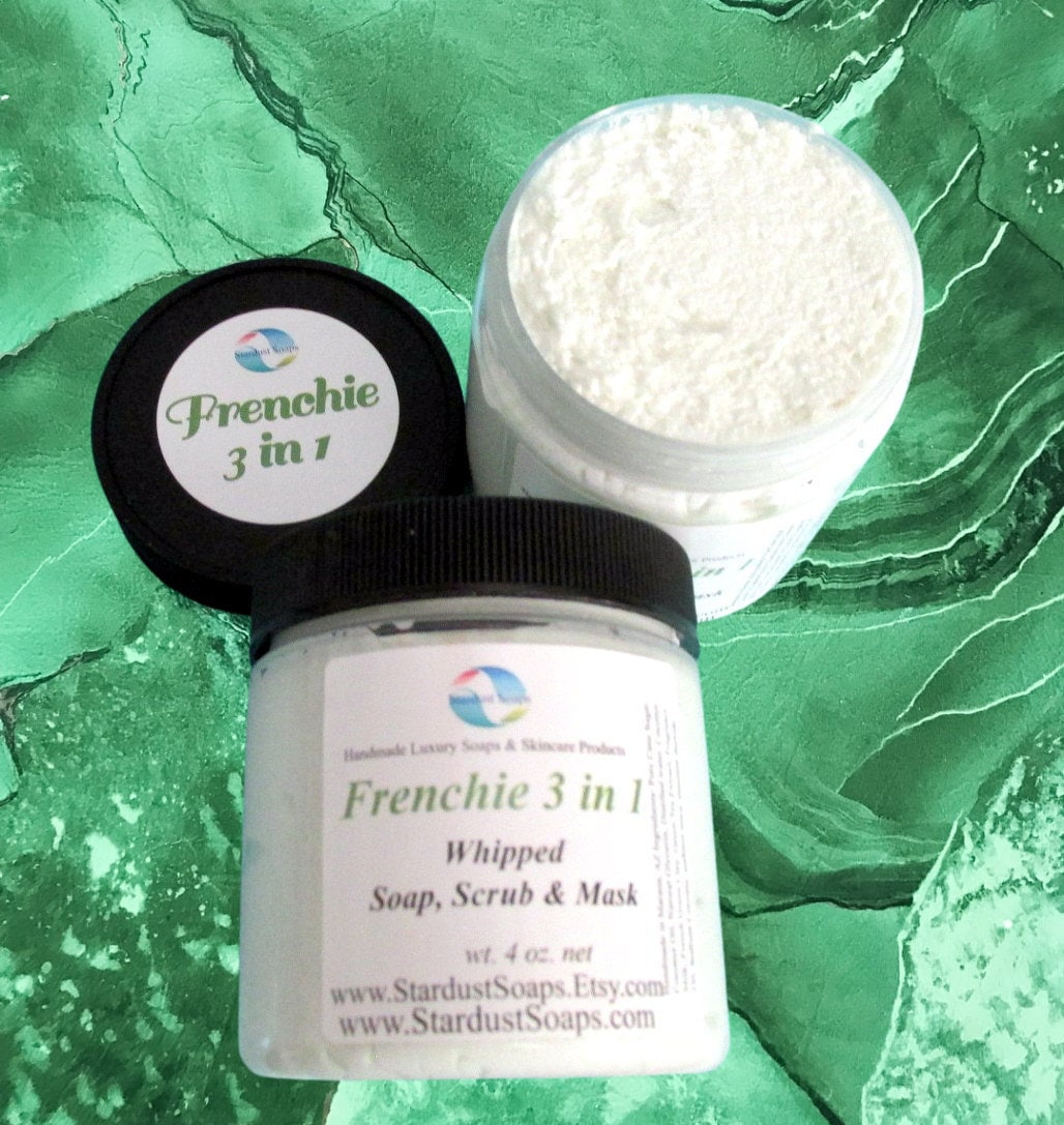 Frenchie 3-in-1 Whipped Soap Scrub and Face Mask | Exfoliating Cleanser for Face and Body | Moisturizing Sugar Scrub for Sensitive Skin