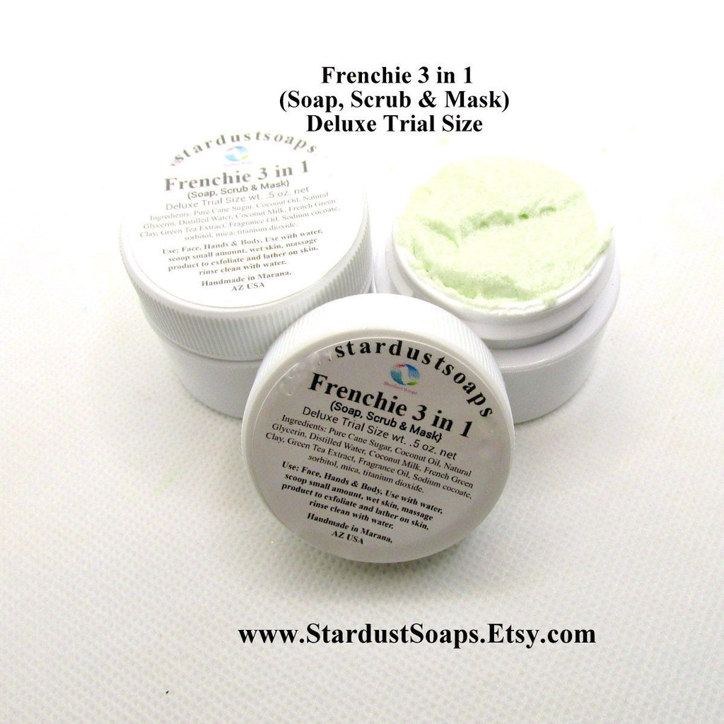 Frenchie 3-in-1 Facial Cleanser Sugar Scrub & Clay Mask | Travel Size Exfoliating Face Care | Multi-Use Skincare Trial Size