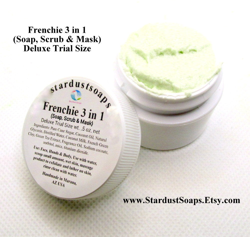 Frenchie 3-in-1 Facial Cleanser Sugar Scrub & Clay Mask | Travel Size Exfoliating Face Care | Multi-Use Skincare Trial Size