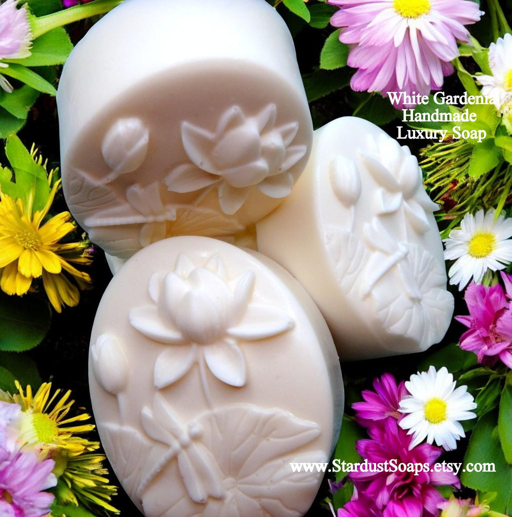 Gardenia Soap Bar | Handmade White 3D Floral Soap with Dragonfly | Luxury Jojoba Oil Artisan Bath & Body Gift Soap