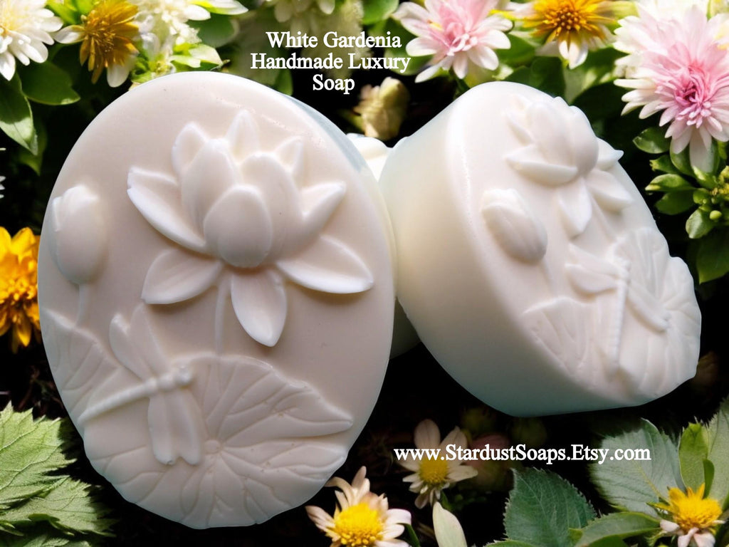Gardenia Soap Bar | Handmade White 3D Floral Soap with Dragonfly | Luxury Jojoba Oil Artisan Bath & Body Gift Soap