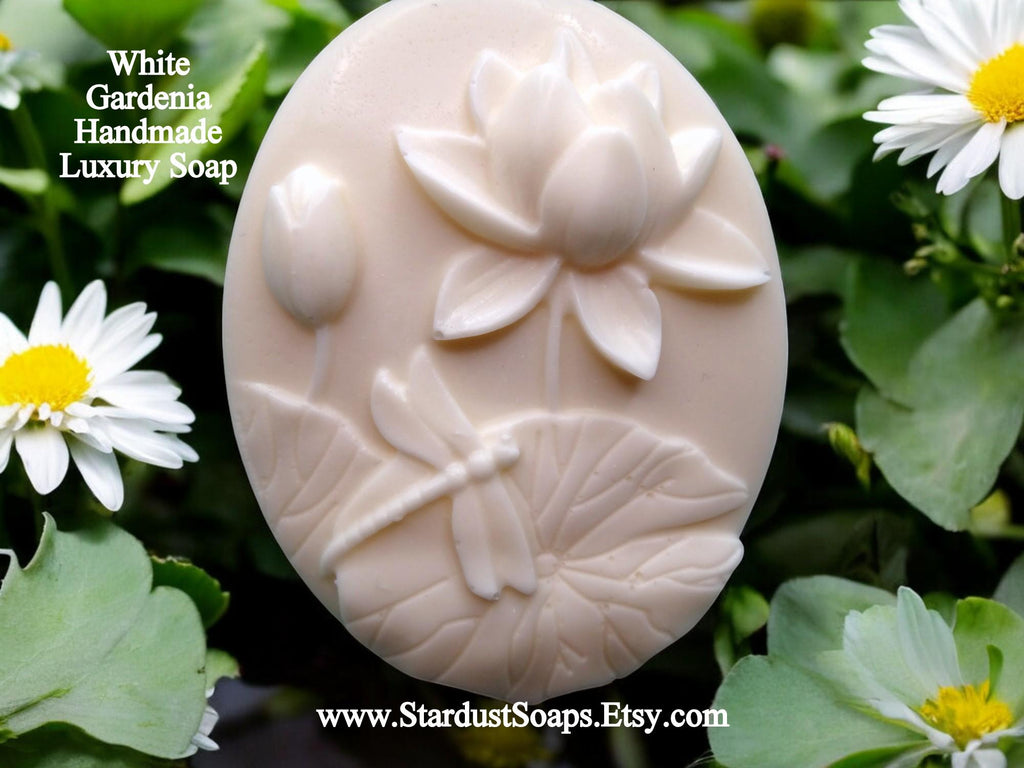 Gardenia Soap Bar | Handmade White 3D Floral Soap with Dragonfly | Luxury Jojoba Oil Artisan Bath & Body Gift Soap