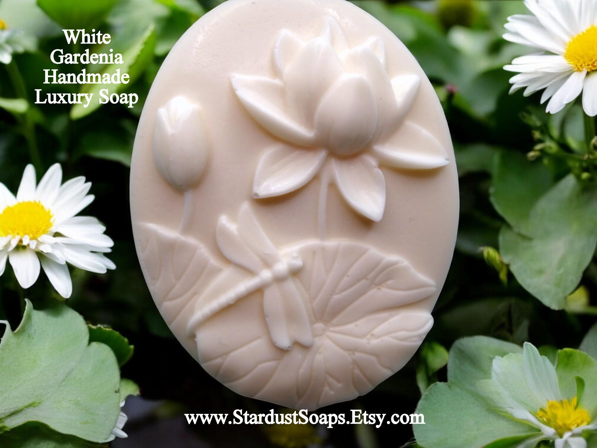 Gardenia Soap Bar | Handmade White 3D Floral Soap with Dragonfly | Luxury Jojoba Oil Artisan Bath & Body Gift Soap