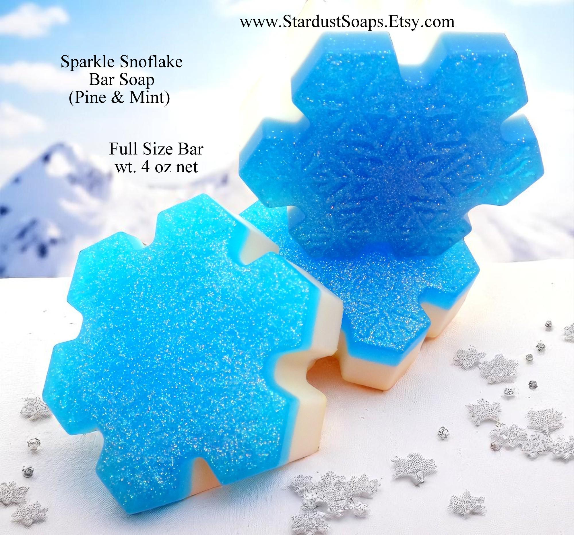 Sparkle Snowflake Handmade Soap Bar | Winter Pine and Mint Natural Soap | Moisturizing Holiday Bath & Body Gift | 4 oz