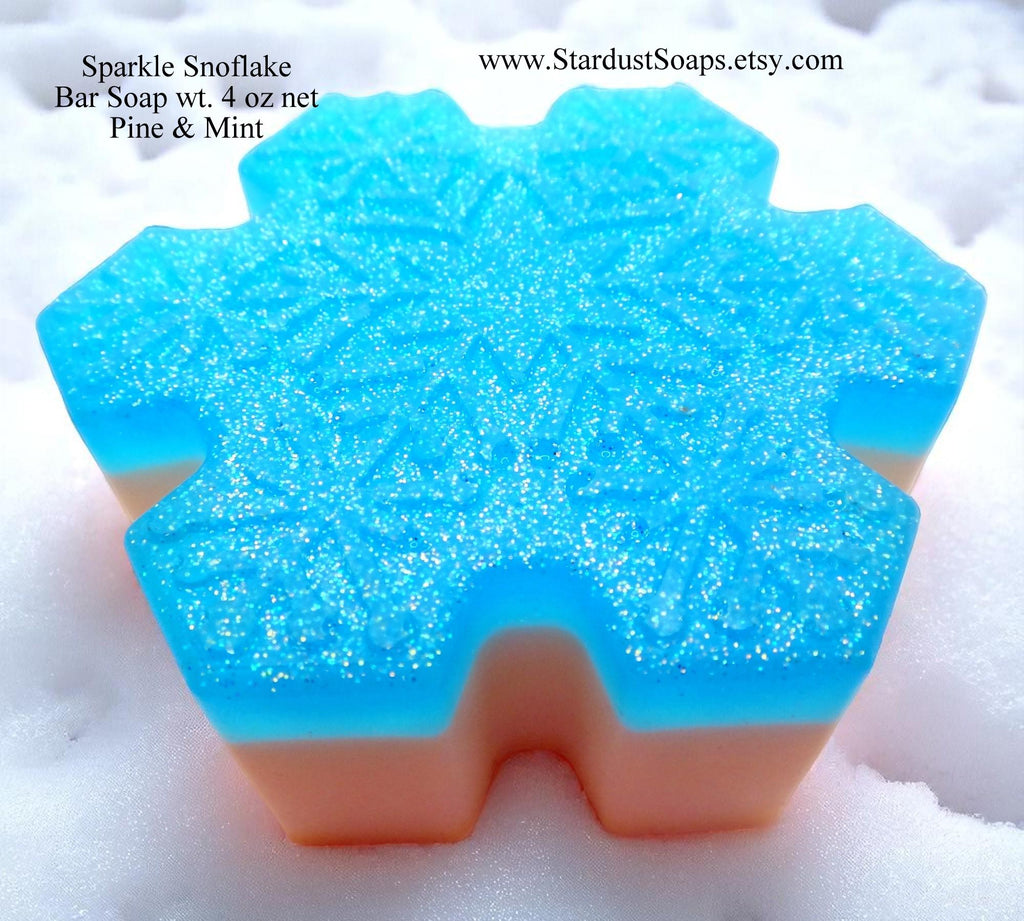 Sparkle Snowflake Handmade Soap Bar | Winter Pine and Mint Natural Soap | Moisturizing Holiday Bath & Body Gift | 4 oz