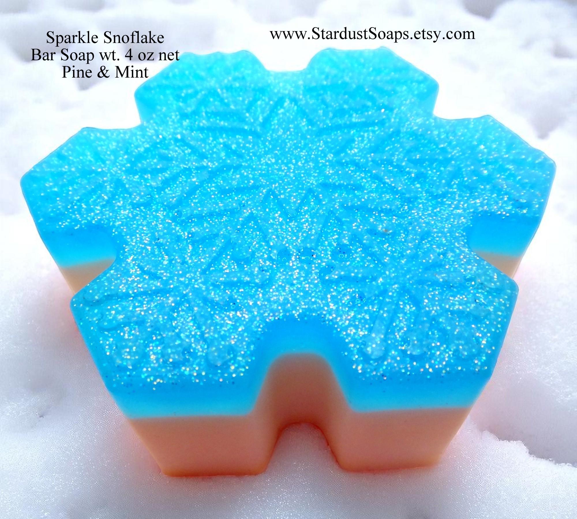 Sparkle Snowflake Handmade Soap Bar | Winter Pine and Mint Natural Soap | Moisturizing Holiday Bath & Body Gift | 4 oz