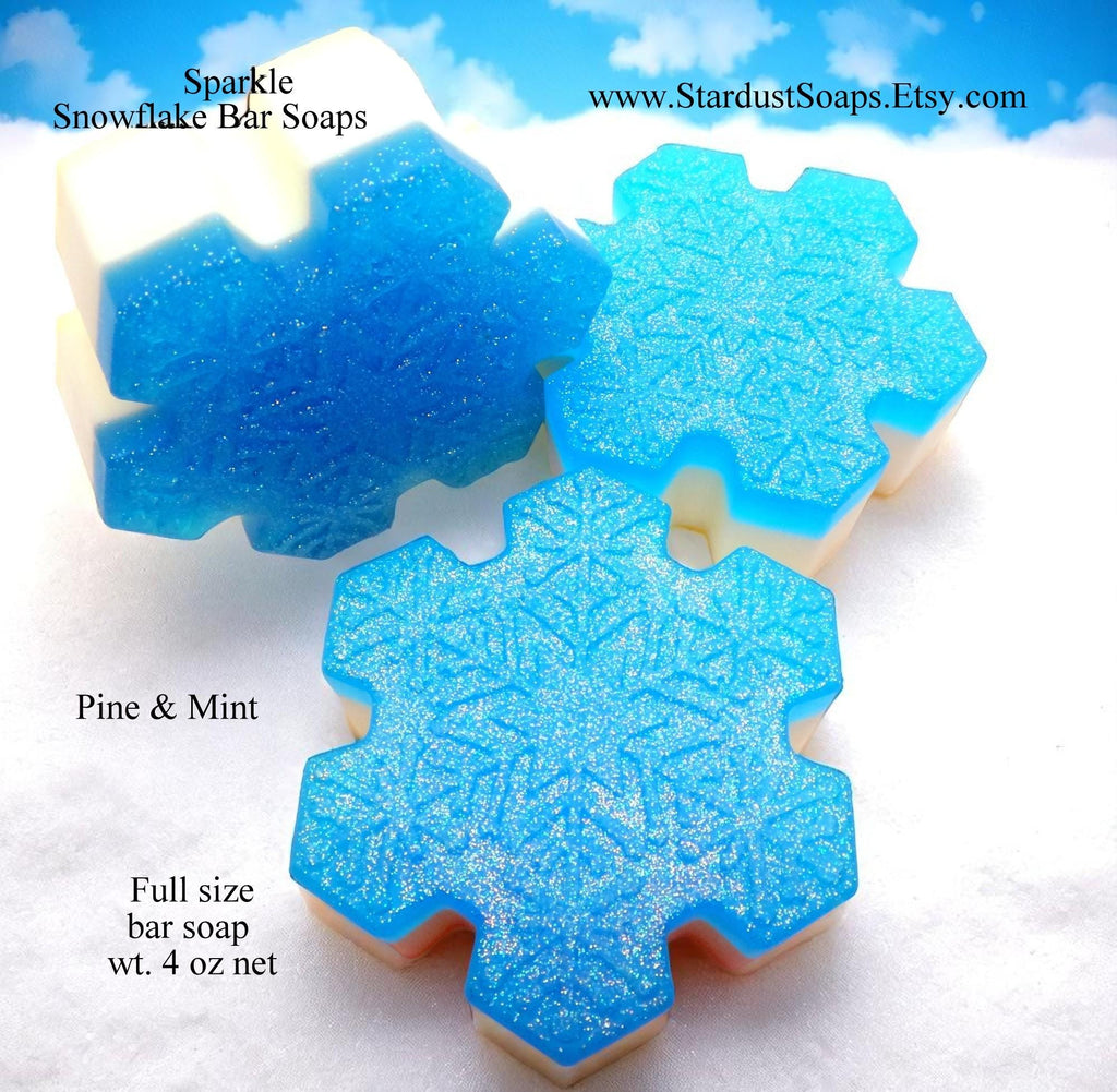 Sparkle Snowflake Handmade Soap Bar | Winter Pine and Mint Natural Soap | Moisturizing Holiday Bath & Body Gift | 4 oz