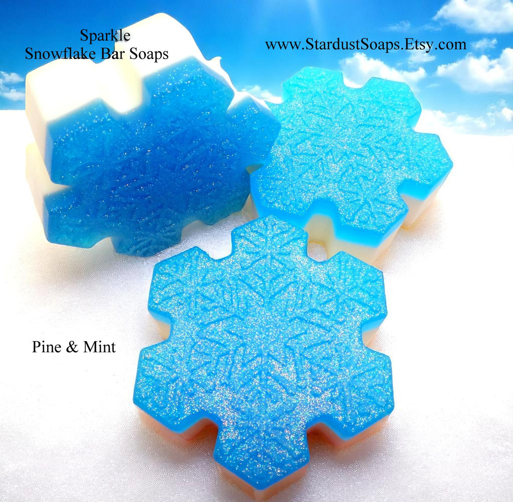 Sparkle Snowflake Handmade Soap Bar | Winter Pine and Mint Natural Soap | Moisturizing Holiday Bath & Body Gift | 4 oz