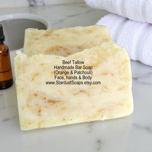 Beef Tallow Soap Bar | Orange Patchouli Handmade Soap | Natural Hot Process Face & Body Soap | Artisan Moisturizing Skincare Bar | 4.7 oz