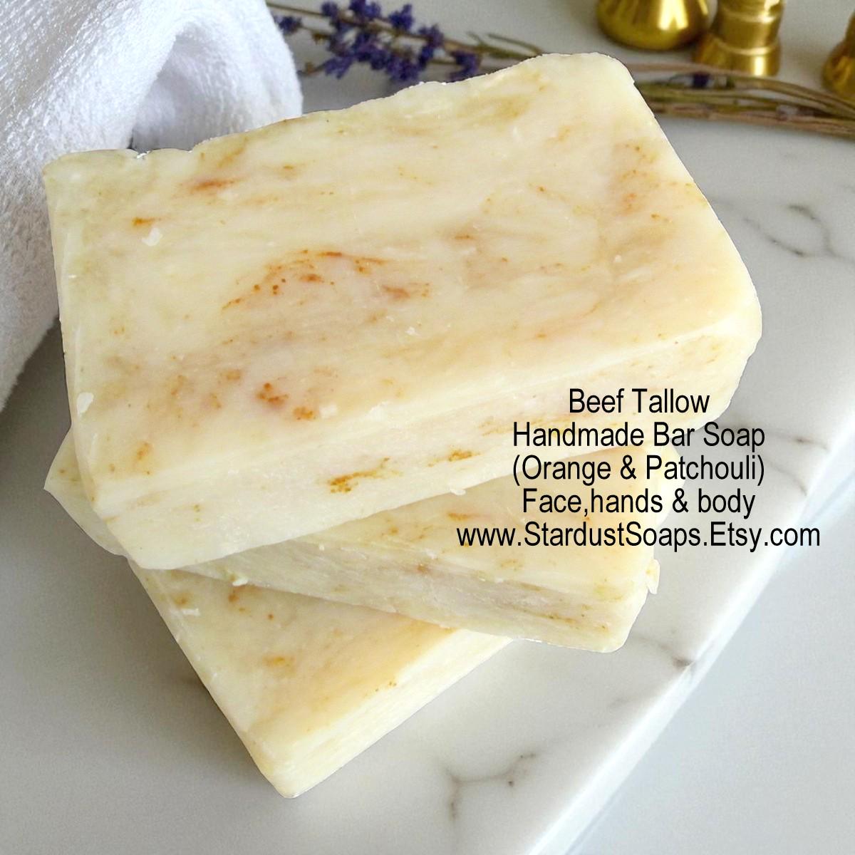Beef Tallow Soap Bar | Orange Patchouli Handmade Soap | Natural Hot Process Face & Body Soap | Artisan Moisturizing Skincare Bar | 4.7 oz