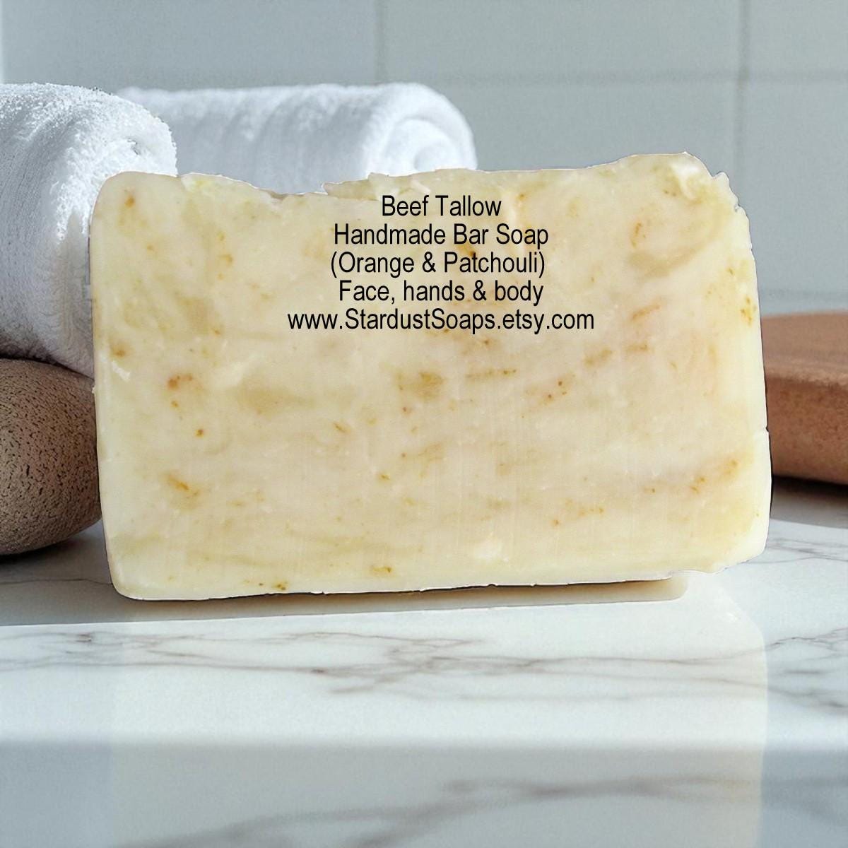 Beef Tallow Soap Bar | Orange Patchouli Handmade Soap | Natural Hot Process Face & Body Soap | Artisan Moisturizing Skincare Bar | 4.7 oz